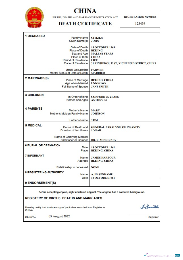 Download China vital record death certificate Word and PDF template Photoshop template
